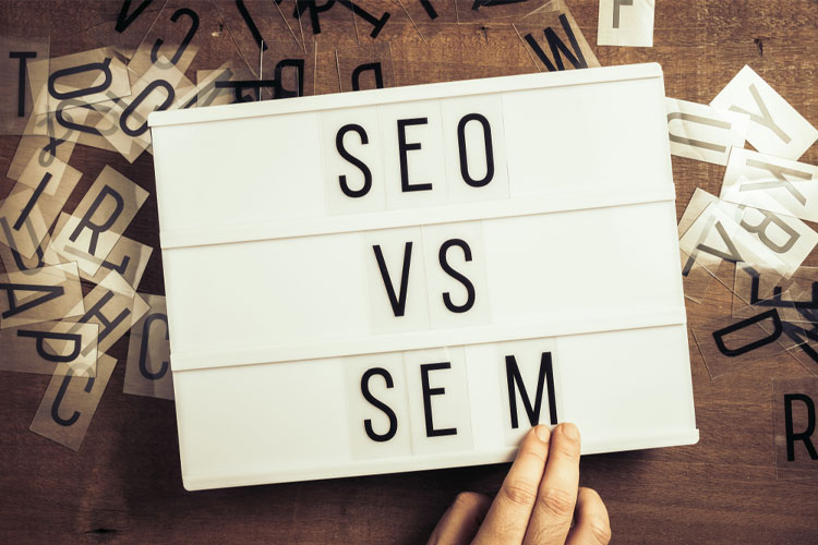 seo vs sem comparison banner with digital marketing theme