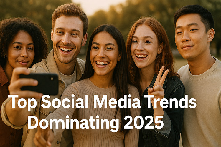 Close-up of friends posing for a selfie outdoors, illustrating top social media trends for 2025
